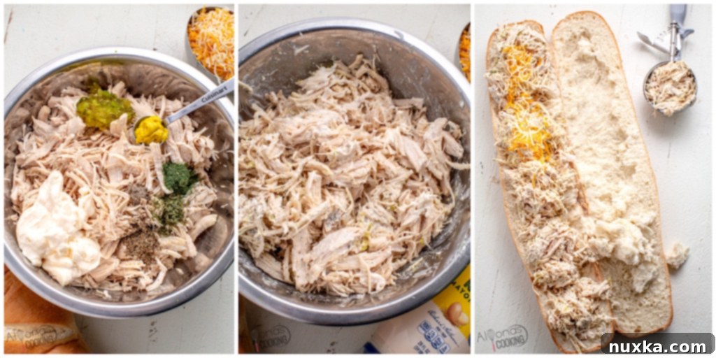 Step-by-step guide showing how to prepare a chicken salad sandwich, from mixing ingredients to assembly.