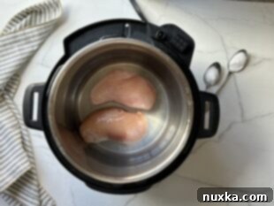 Chicken breasts, water, and salt are added to the Instant Pot for the initial pressure cooking phase of white chicken chili.