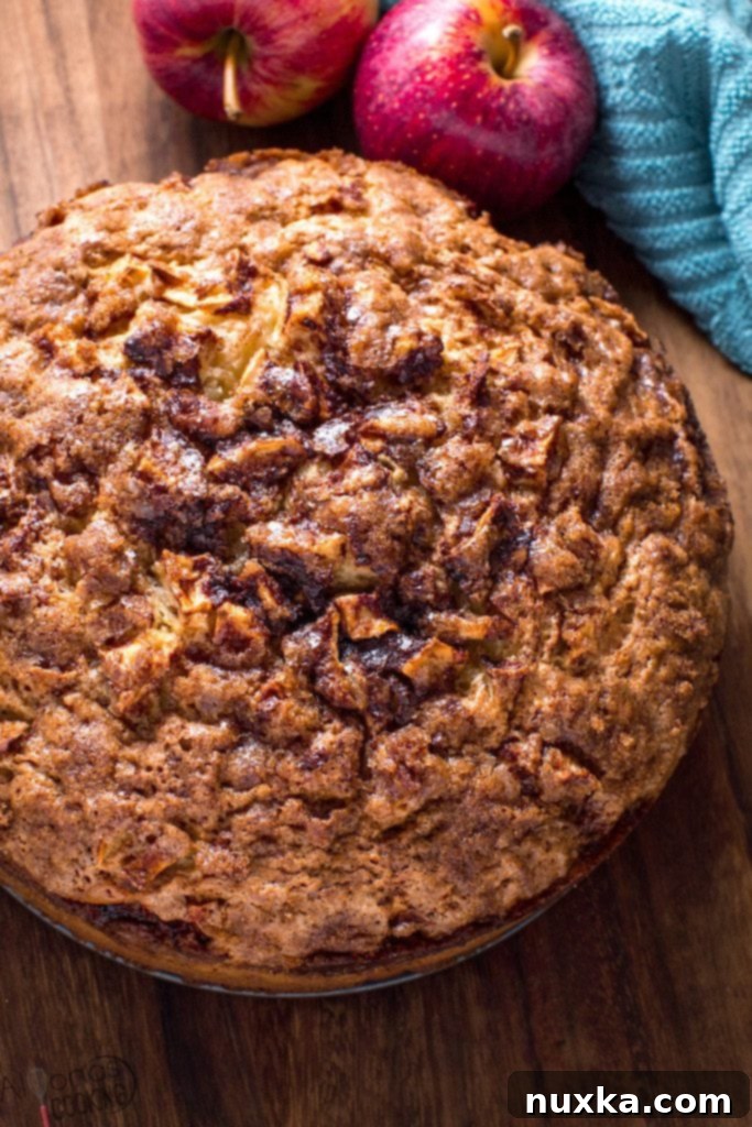 Delicious slice of apple cinnamon cake with whole apples in the background