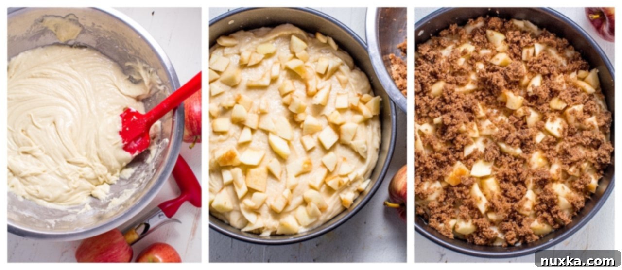 Collage of step-by-step images showing the process of making apple cinnamon cake