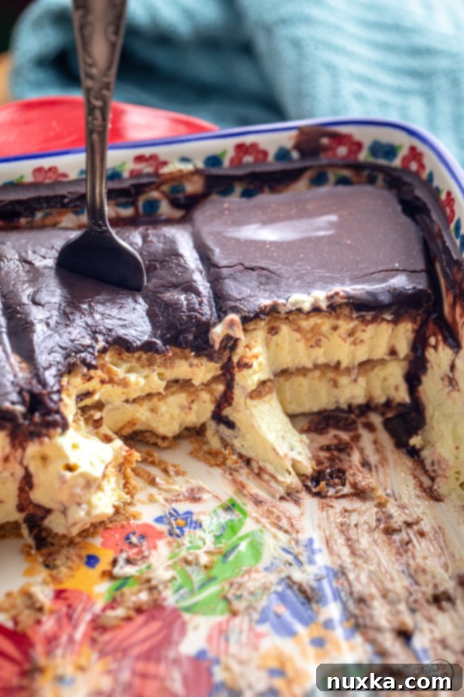 Layers of No-Bake Chocolate Eclair Cake before frosting