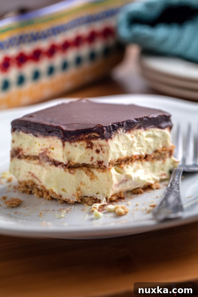 Finished slice of No-Bake Chocolate Eclair Cake on a white plate