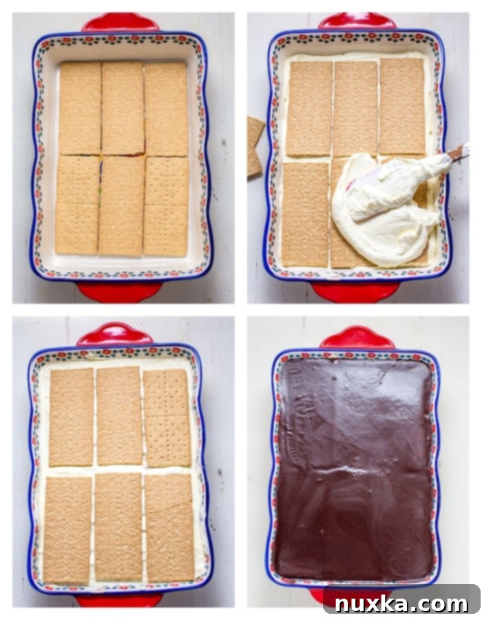 Process shots for making no-bake chocolate eclair dessert