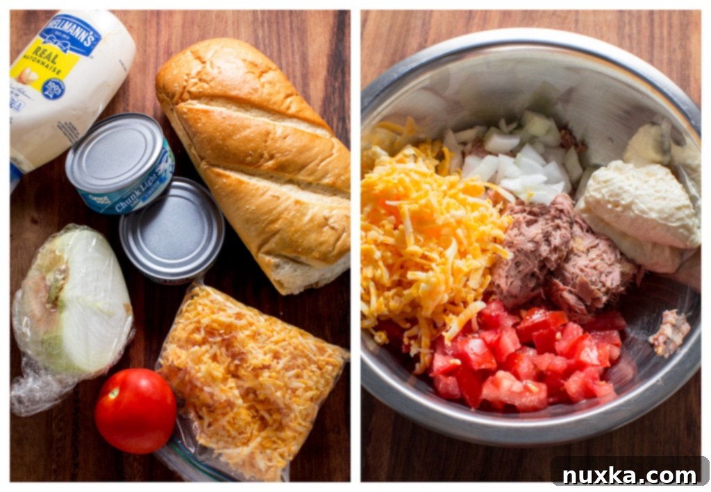 Ingredients for Easy Tuna Melts: Tuna cans, tomato, onion, mayo, and cheese