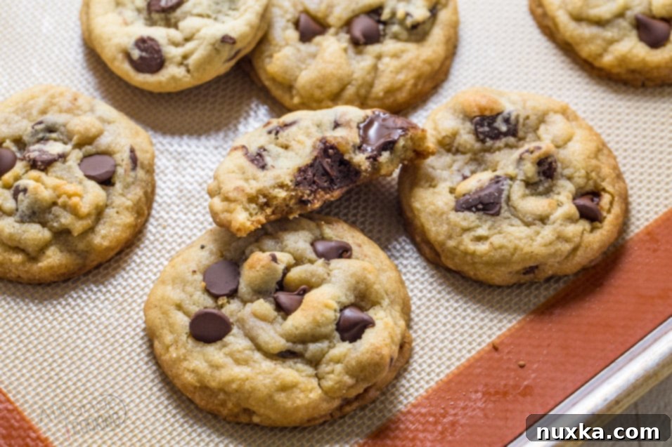 Freshly baked chewy chocolate chip cookies on a cooling rack