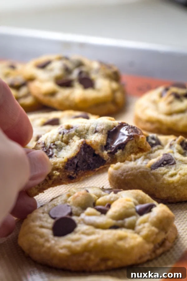 Unbaked chocolate chip cookie dough balls on a baking sheet