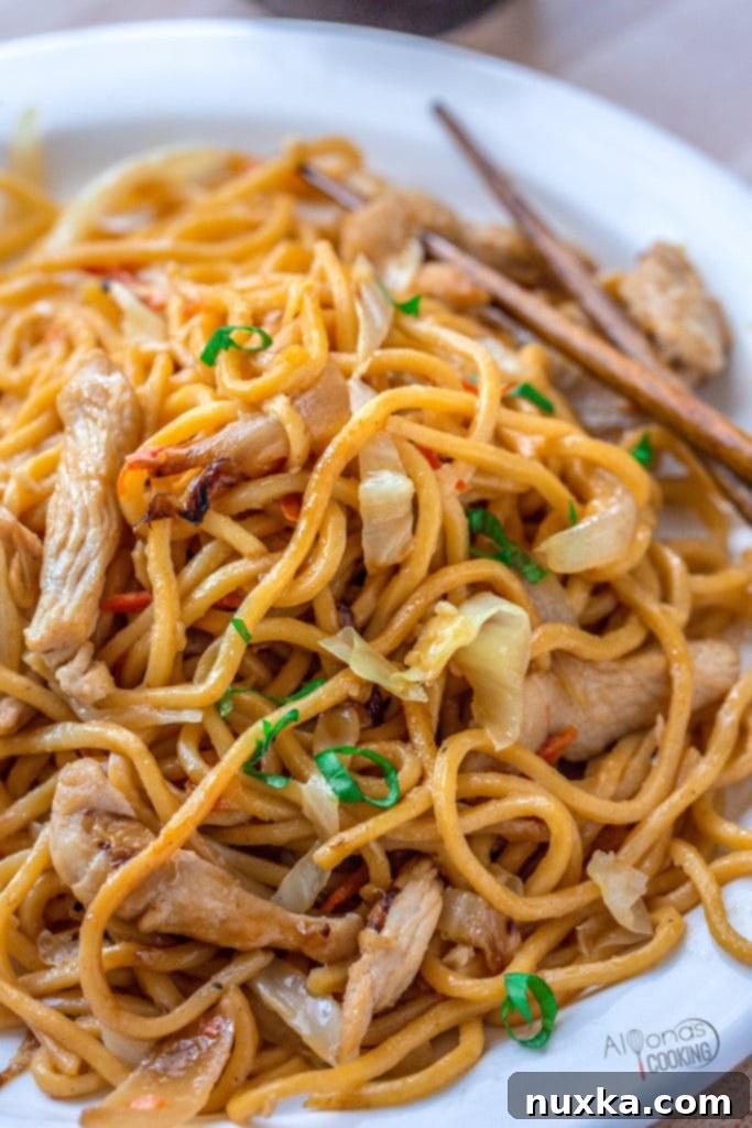Chicken Lo Mein with noodles, vegetables, and chicken in a wok