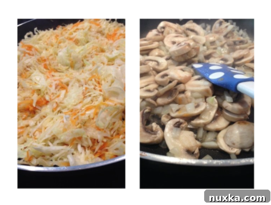 step-by-step-photo collage of making savory crepes with mushroom and cabbage