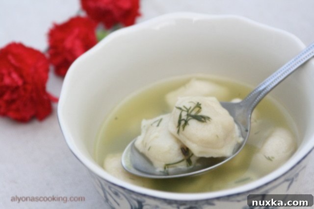 Close-up of freshly made Pelmeni Soup in a bowl, garnished with fresh herbs.