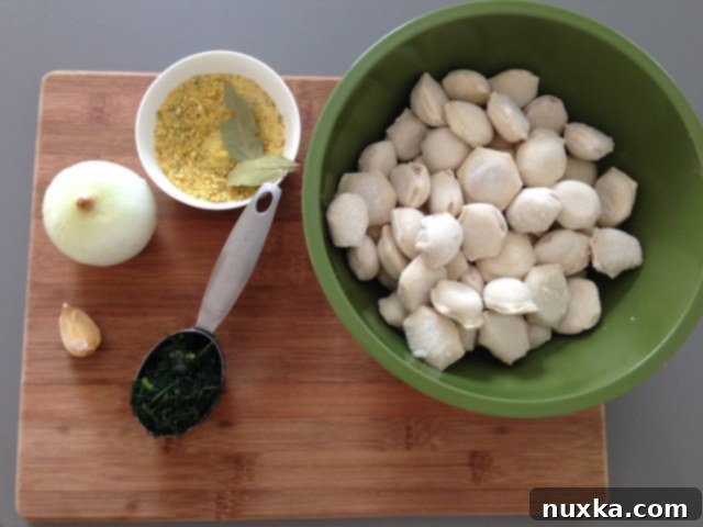 Fresh ingredients laid out for making Pelmeni Soup: water, onion, bay leaves, frozen pelmeni, garlic, dill, and seasonings.