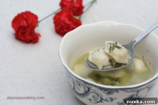 A beautifully presented bowl of Pelmeni Soup with fresh dill garnish, ready to eat.