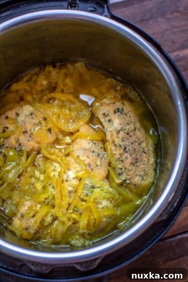 Close-up of Instant Pot Mississippi Chicken with shredded chicken and sauce.