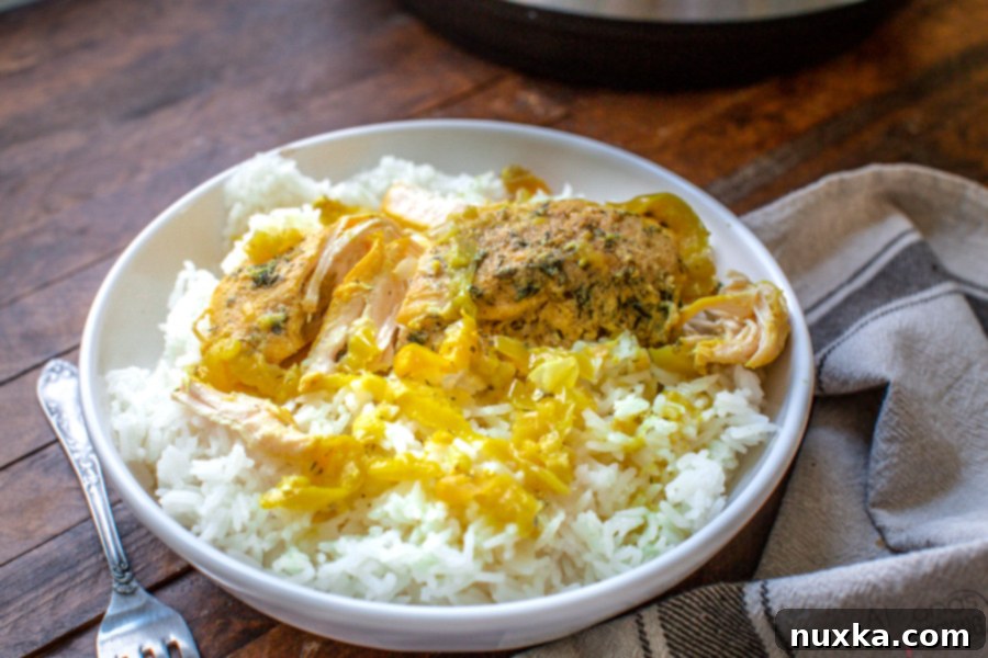Large serving of Instant Pot Mississippi Chicken with rice and green onions.