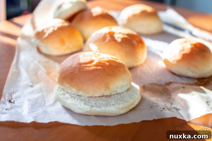 soft homemade hamburger buns with a golden brown crust
