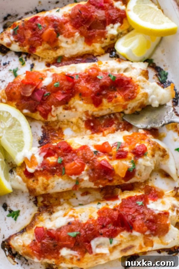 Flaky baked fish fillets generously topped with vibrant mango peach salsa and a creamy mayonnaise crust, ready to serve for a healthy dinner.