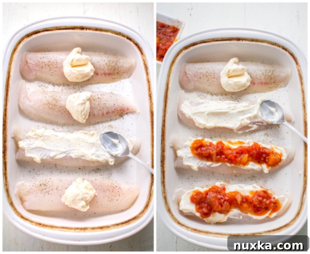 Step-by-step image showing mayonnaise and mango salsa being spread over seasoned tilapia fillets in a baking dish before baking.