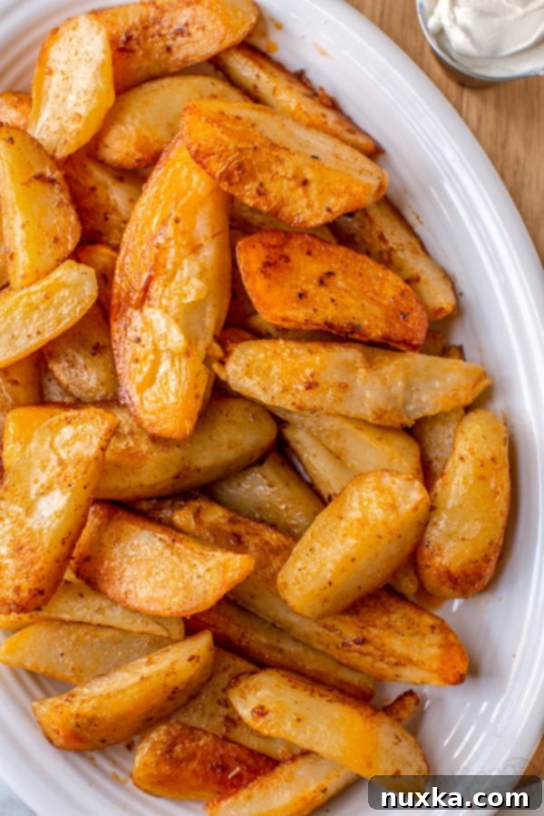 Perfectly seasoned golden oven baked potato wedges on a plate, ready to be served