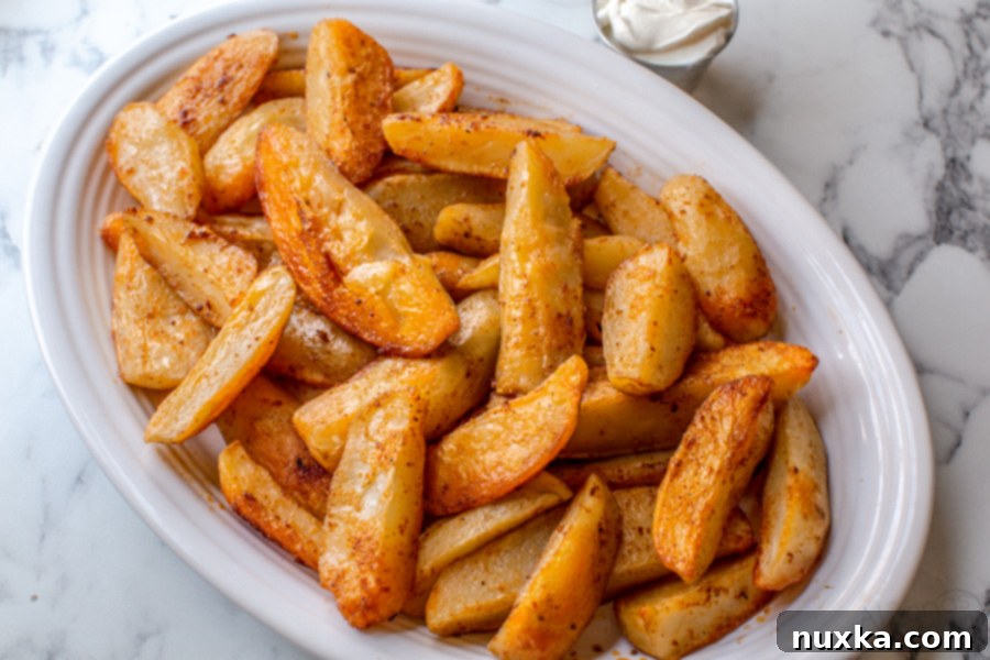 Close-up of parboiled potato wedges being coated with seasoning and oil in a bowl