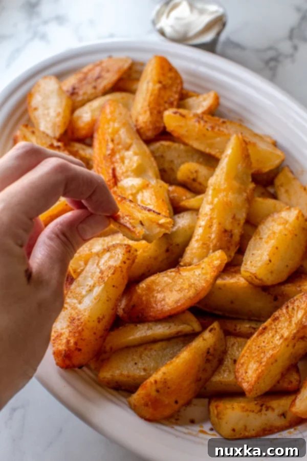A large platter of golden, crispy oven baked potato wedges, garnished with fresh herbs