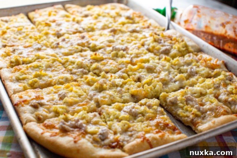 sheet-pan breakfast pizza recipe baking in the oven