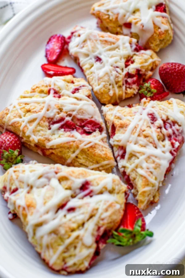 strawberry scones with a cream glaze and fresh strawberries that have a cream cheese batter