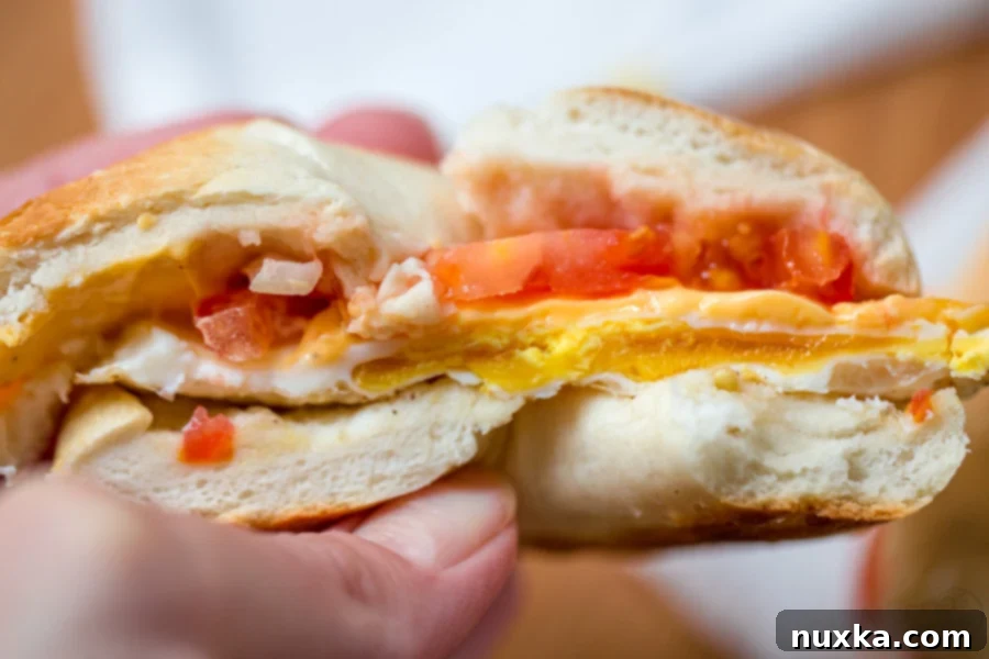 New York bagel with egg, American cheese, tomatoes and onion