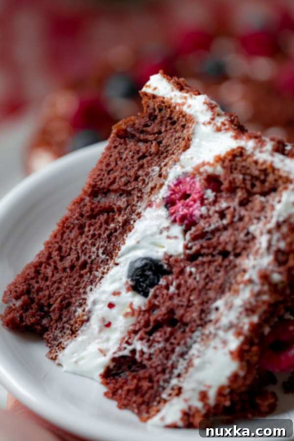 A perfect slice of German chocolate cake mix with a generous layer of cream cheese frosting and fresh berries, showcasing its moist texture and inviting appeal.