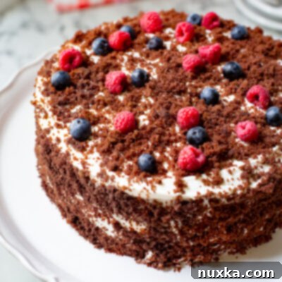 Decadent German Chocolate Cake with Cream Cheese Frosting 4 A chocolate cake with a cream cheese frosting made from a German chocolate cake mix, fresh blueberries, raspberries and cake crumbs