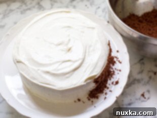 german chocolate cake with a cream cheese frosting and garnished leftover cake crumbs