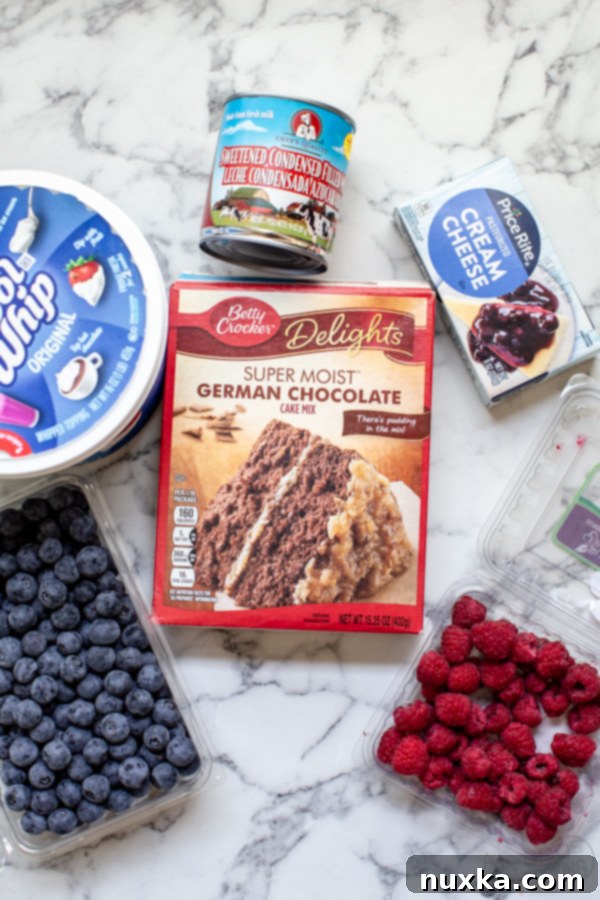 A flat lay of ingredients for a German chocolate cake including a box of Betty Crocker german chocolate cake mix, Cool Whip, cream cheese, condensed milk, fresh raspberries, and blueberries, laid out on a white surface.