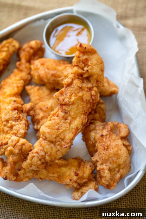 crispy chicken tenders with a golden BBQ mustard sauce as a dipping sauce
