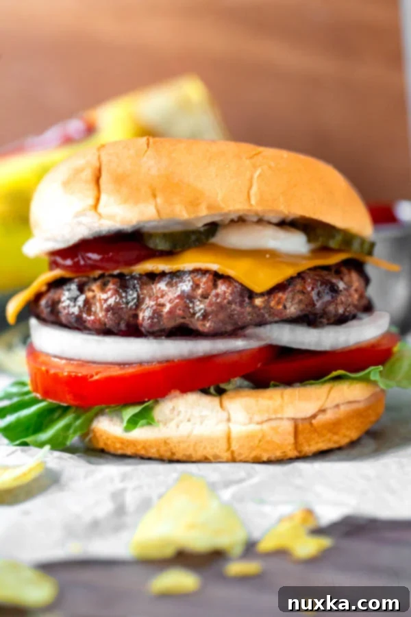 The perfect homemade juicy burger on hamburger buns with lettuce, tomatoes, onion, American cheese, mayo, ketchup, and pickles, showcasing a delicious classic burger assembly