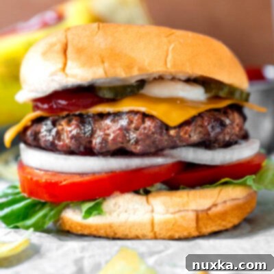 Mastering the Perfect Burger 2 the perfect homemade juicy burger on hamburger buns with lettuce, tomatoes, onion, American cheese, mayo, ketchup, and pickles