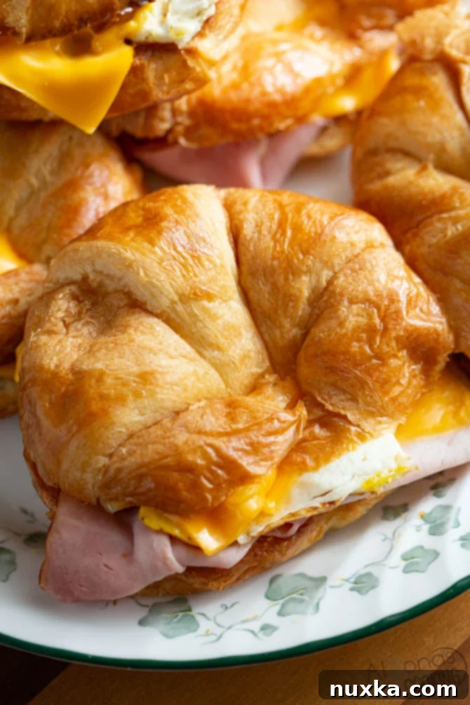 A Croissant Breakfast Sandwich like your favorite drive-thru! Toasted croissants are topped with ham or bacon, eggs, and cheese! Simple but one tasty breakfast sandwich! #breakfast #eggs #sandwich #croissant #breakfastsandwich #alyonascooking breakfast sandwich made from croissants, eggs, bacon, ham, and American cheese