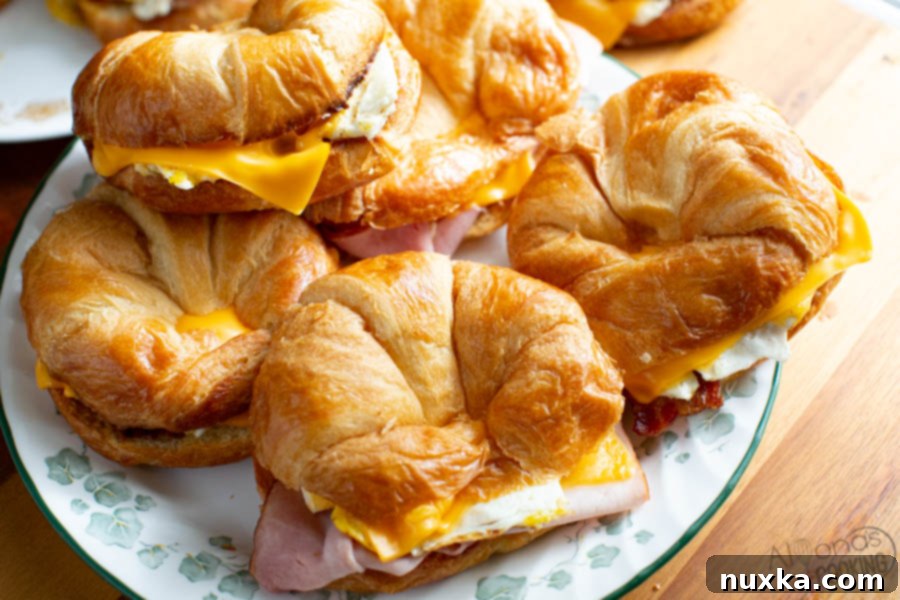 A Croissant Breakfast Sandwich like your favorite drive-thru! Toasted croissants are topped with ham or bacon, eggs, and cheese! Simple but one tasty breakfast sandwich! #breakfast #eggs #sandwich #croissant #breakfastsandwich #alyonascooking croissant breakfast sandwich