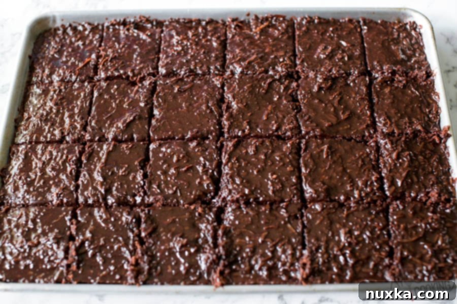 chocolate sheet cake in a pan that is sliced into squares 
