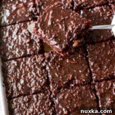 tender chocolate sheet cake slice with a coconut fudge frosting