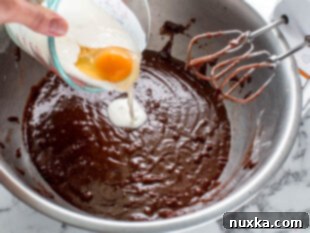 adding the eggs, vanilla, and buttermilk to the chocolate batter