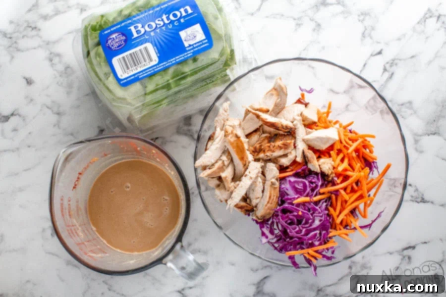 Ingredients for chicken lettuce wraps laid out including chicken breast, lettuce, cabbage, carrots, and peanut butter dressing