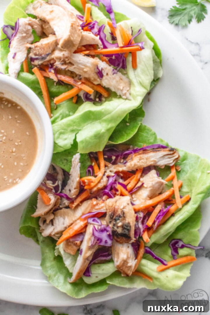 Plated chicken lettuce wraps drizzled with peanut butter dressing, garnished with sesame seeds