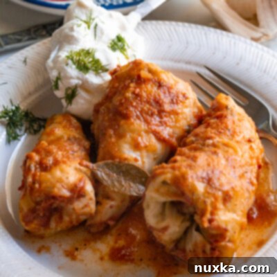 Moms Traditional Stuffed Cabbage Rolls 4 moms stuffed cabbage rolls on a plate filled and rolled with rice and meat then garnished with sour cream and dill