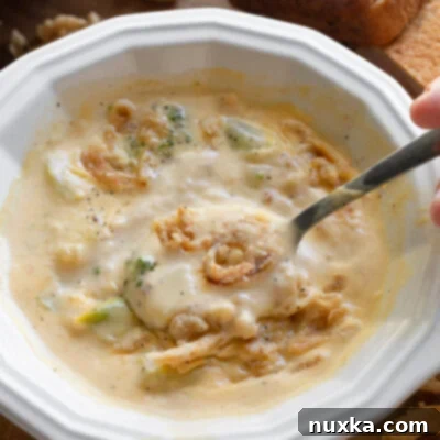 broccoli cheese soup in a soup bowl with spoon
