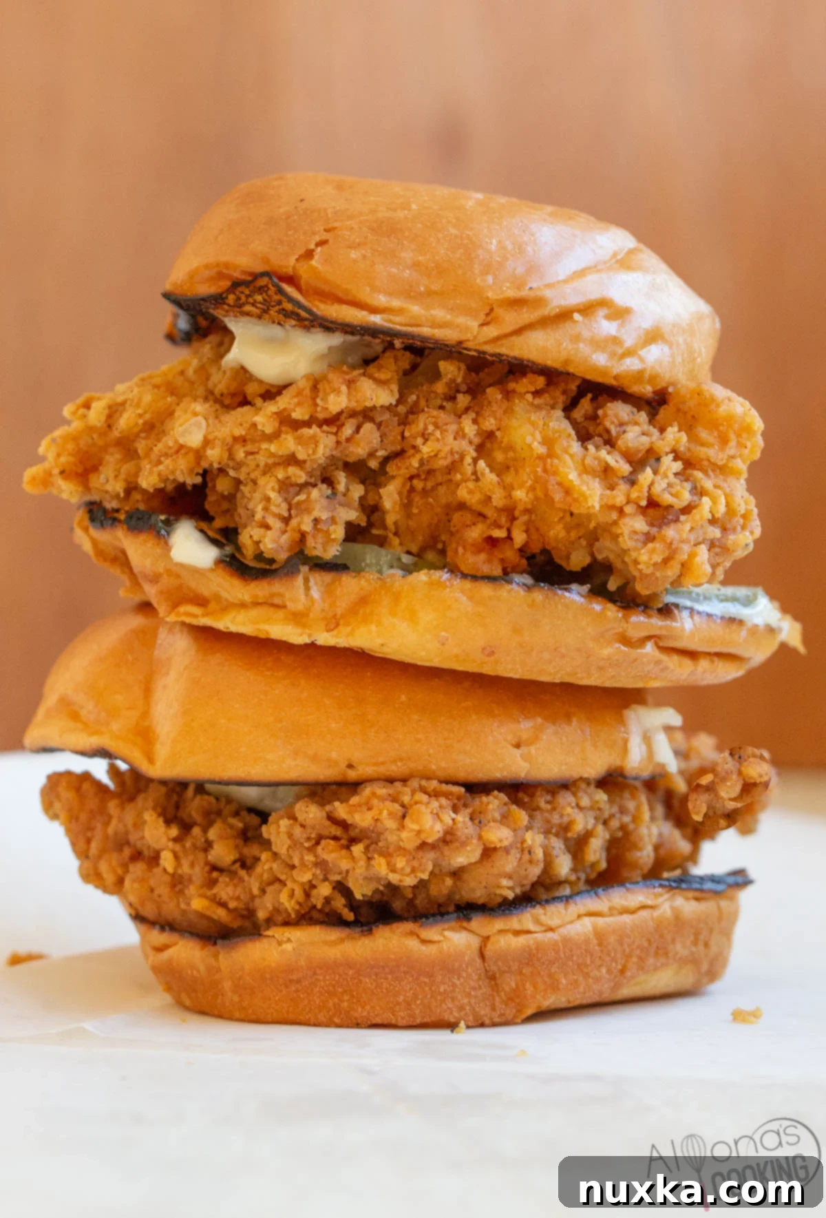Homemade Popeyes chicken sandwich copycat recipe showing the crispy chicken, pickles, and mayo on a brioche bun, ready to be enjoyed.