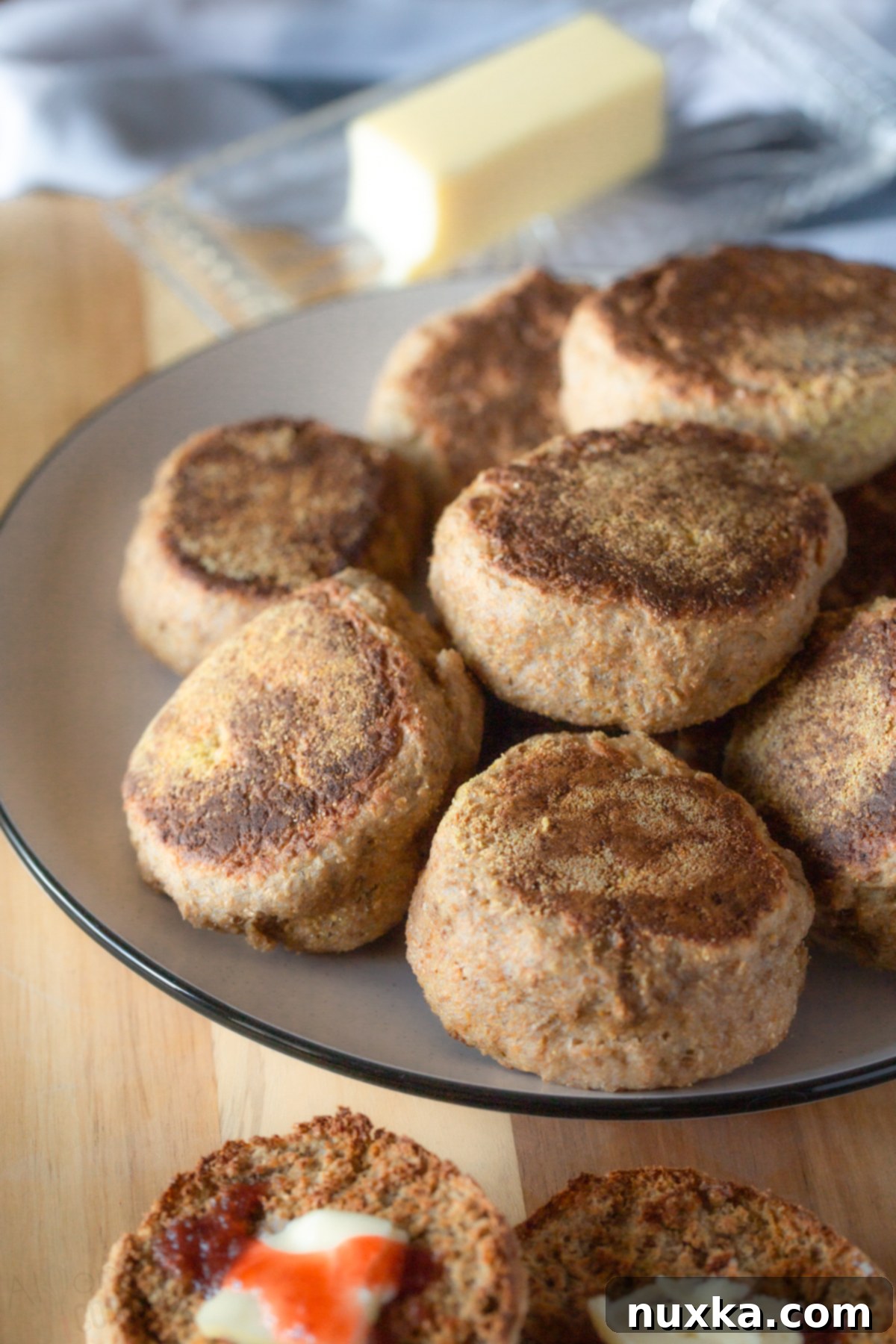 Delicious sourdough English muffins recipe made with 100% freshly milled whole wheat berries for maximum nutrition.