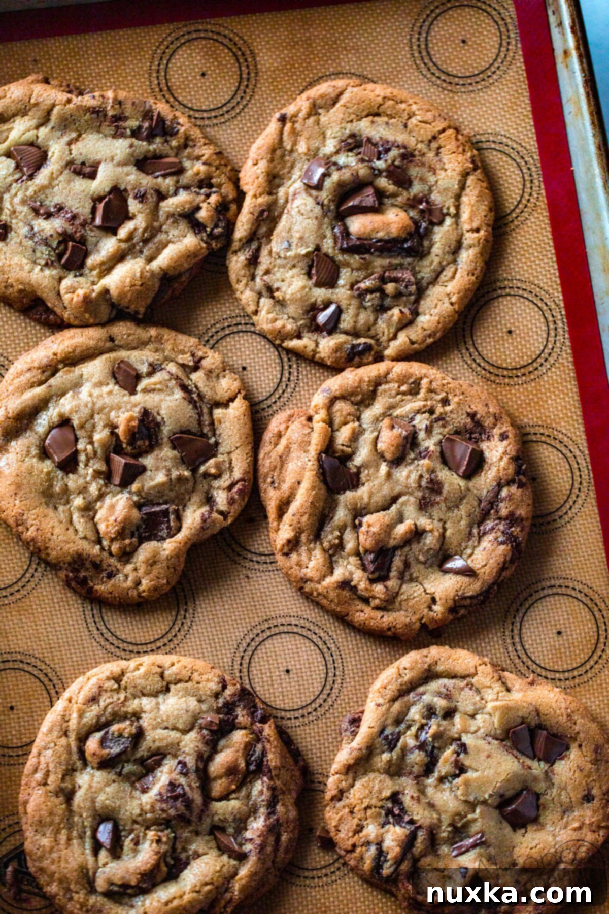 Close-up of homemade giant chocolate chip cookies, highlighting their soft, chewy texture and an abundance of melted chocolate chunks