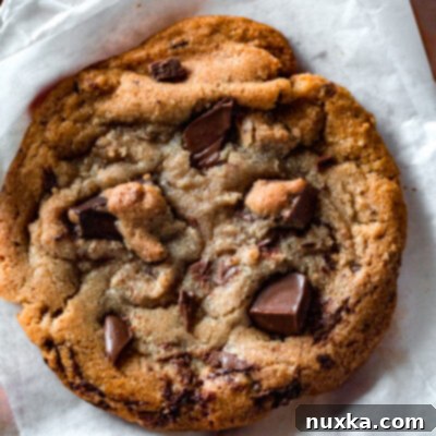 Ultimate Giant Chocolate Chip Cookies 2 Giant chocolate chip cookies, reminiscent of Panera Bread's bakery-style, big cookies, presented in deli paper to highlight their impressive size and delicious appearance