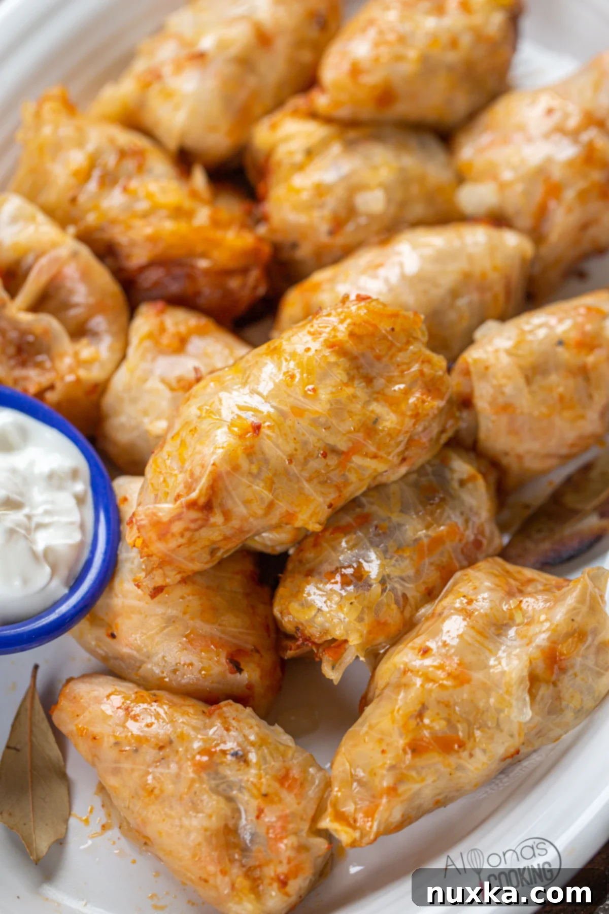 Close-up of delicious Moldovan Cabbage rolls (Sarmale) arranged neatly in a baking dish before cooking.