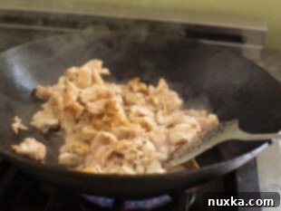 Cooking seasoned chicken strips in a wok