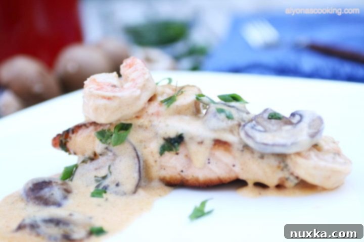 Seared Salmon with Creamy Shrimp and Mushroom Alfredo Sauce