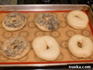 Boiled bagels arranged on a baking sheet before baking